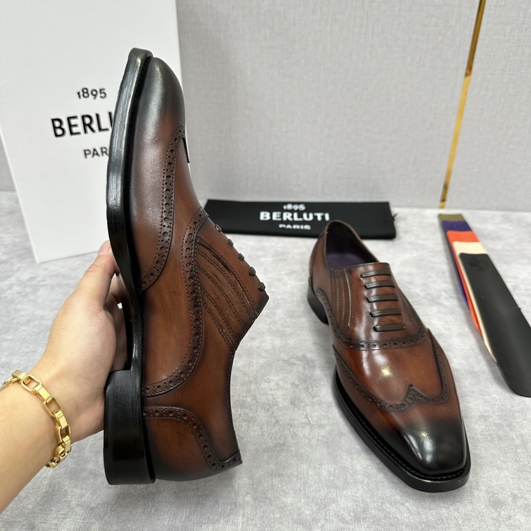 💋💍Berlut* 布鲁提 新款男士假系带一脚蹬手工擦色正装皮鞋出货 甄选优质进口小牛皮鞋面 手