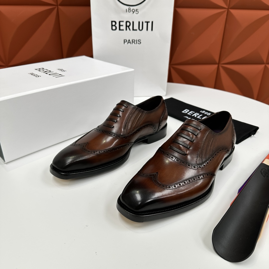 💋💍Berlut* 布鲁提 新款男士假系带一脚蹬手工擦色正装皮鞋出货 甄选优质进口小牛皮鞋面 手