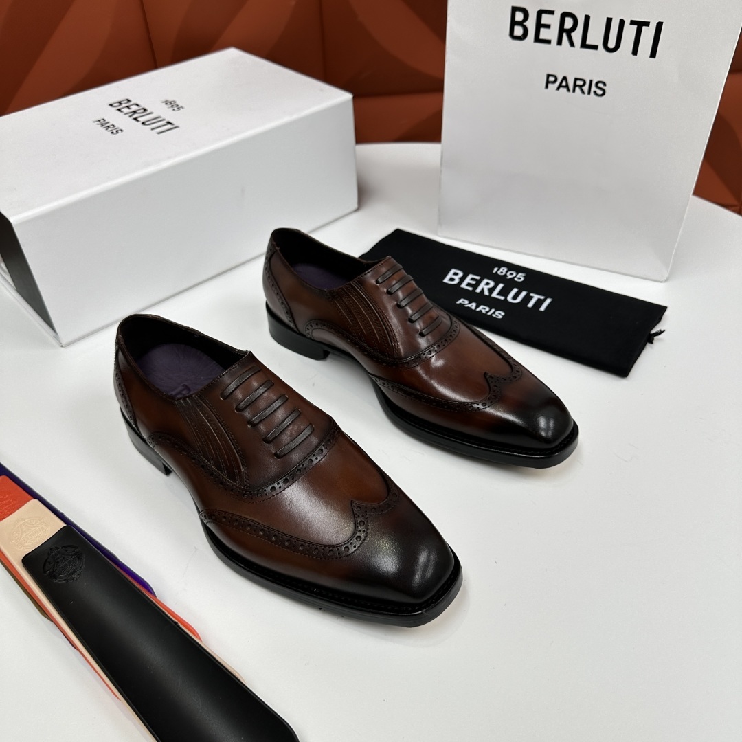 💋💍Berlut* 布鲁提 新款男士假系带一脚蹬手工擦色正装皮鞋出货 甄选优质进口小牛皮鞋面 手