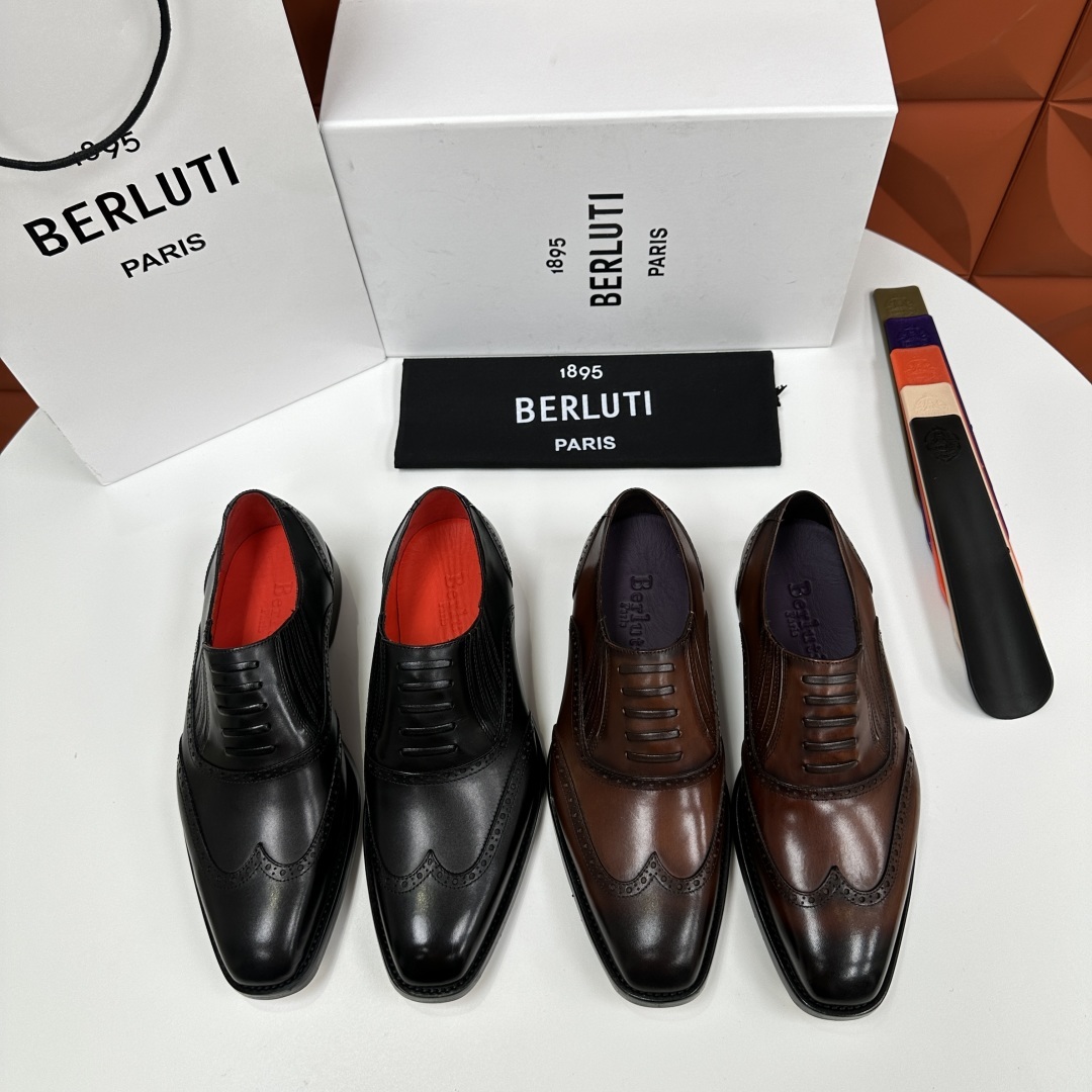 💋💍Berlut* 布鲁提 新款男士假系带一脚蹬手工擦色正装皮鞋出货 甄选优质进口小牛皮鞋面 手
