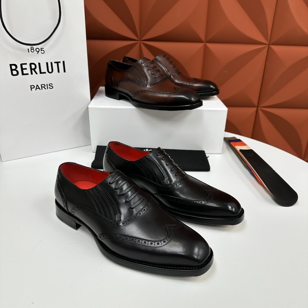 💋💍Berlut* 布鲁提 新款男士假系带一脚蹬手工擦色正装皮鞋出货 甄选优质进口小牛皮鞋面 手