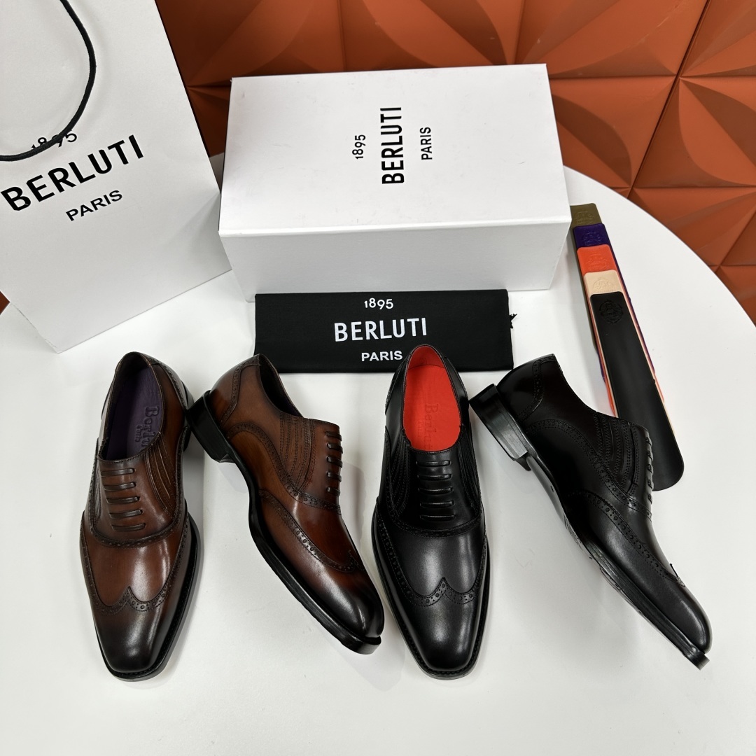 💋💍Berlut* 布鲁提 新款男士假系带一脚蹬手工擦色正装皮鞋出货 甄选优质进口小牛皮鞋面 手