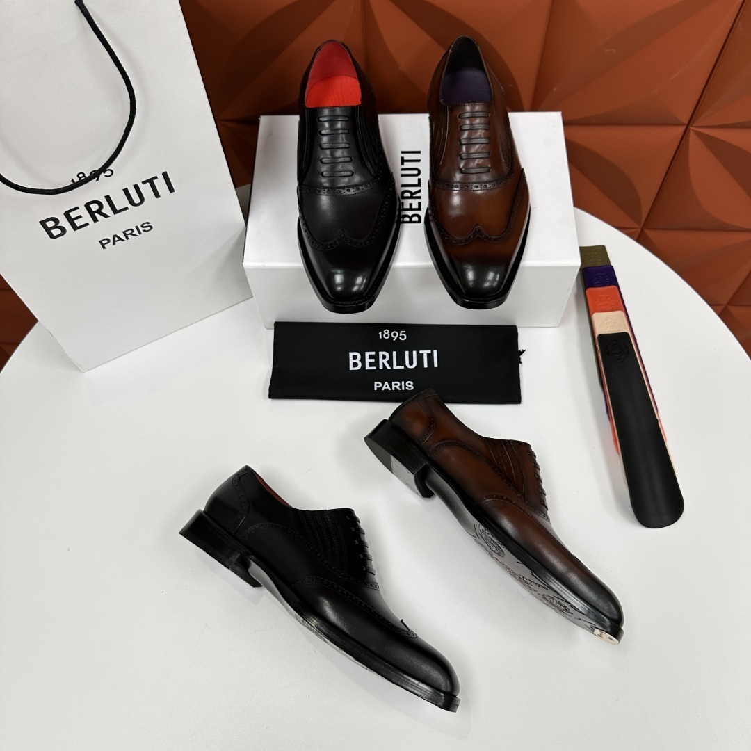 💋💍Berlut* 布鲁提 新款男士假系带一脚蹬手工擦色正装皮鞋出货 甄选优质进口小牛皮鞋面 手