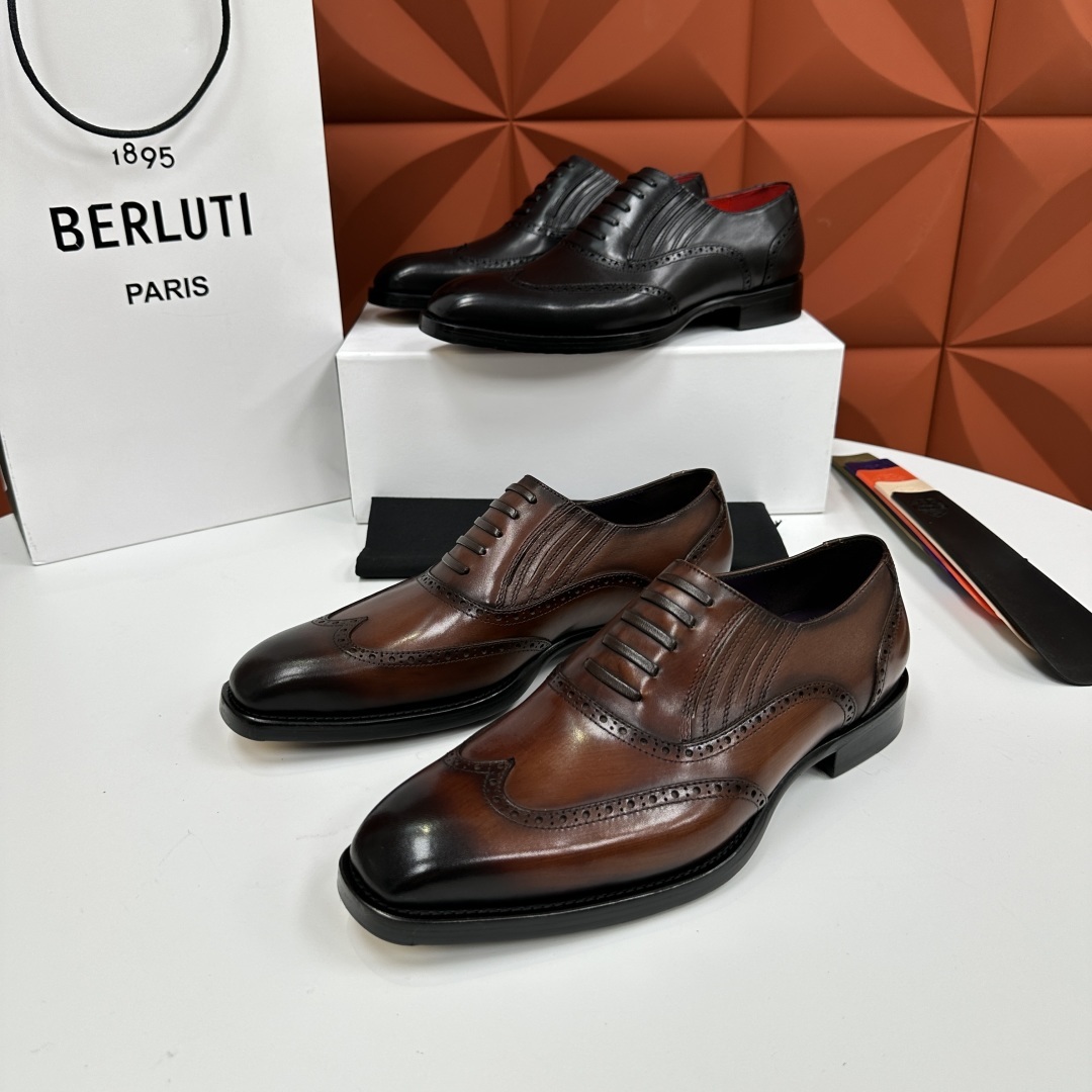 💋💍Berlut* 布鲁提 新款男士假系带一脚蹬手工擦色正装皮鞋出货 甄选优质进口小牛皮鞋面 手