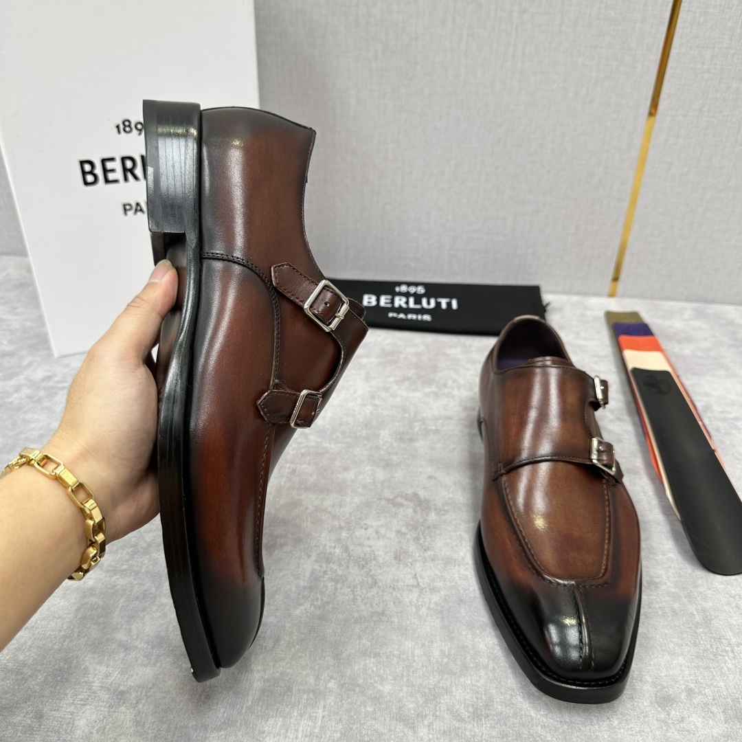 💋💍Berlut* 布鲁提 新款男士双扣一脚蹬手工擦色正装皮鞋出货 甄选优质进口小牛皮鞋面 手工