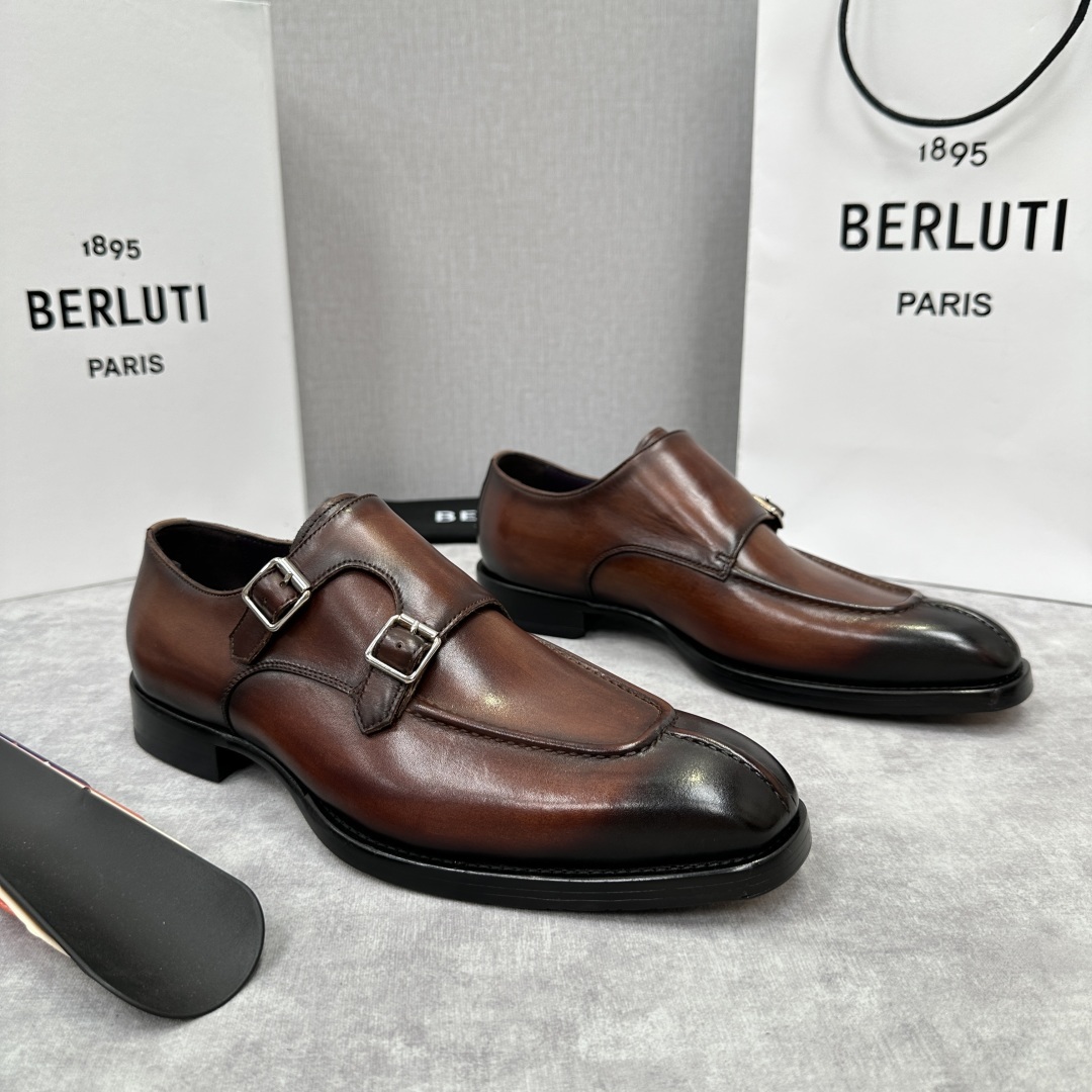 💋💍Berlut* 布鲁提 新款男士双扣一脚蹬手工擦色正装皮鞋出货 甄选优质进口小牛皮鞋面 手工