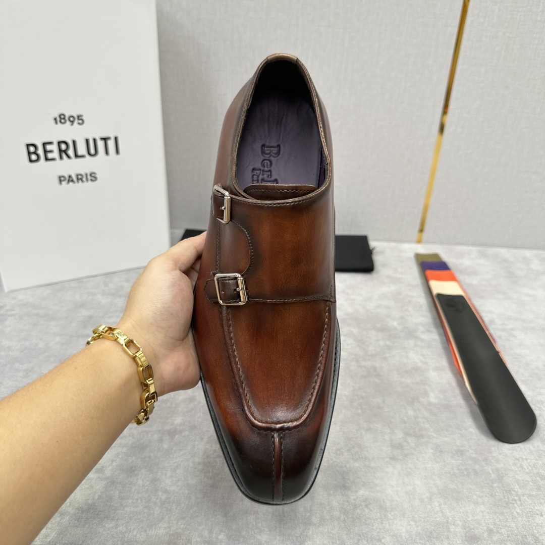 💋💍Berlut* 布鲁提 新款男士双扣一脚蹬手工擦色正装皮鞋出货 甄选优质进口小牛皮鞋面 手工