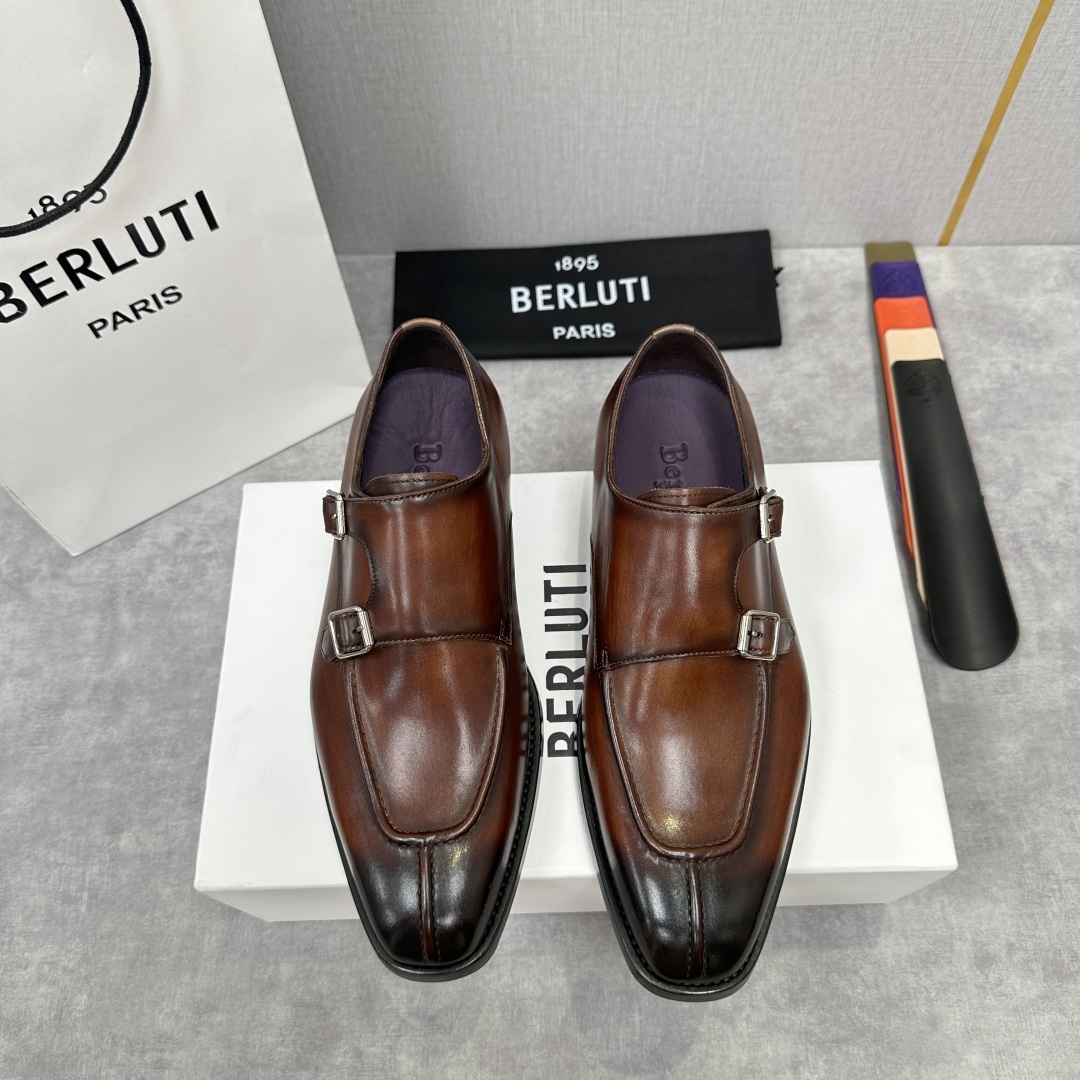 💋💍Berlut* 布鲁提 新款男士双扣一脚蹬手工擦色正装皮鞋出货 甄选优质进口小牛皮鞋面 手工