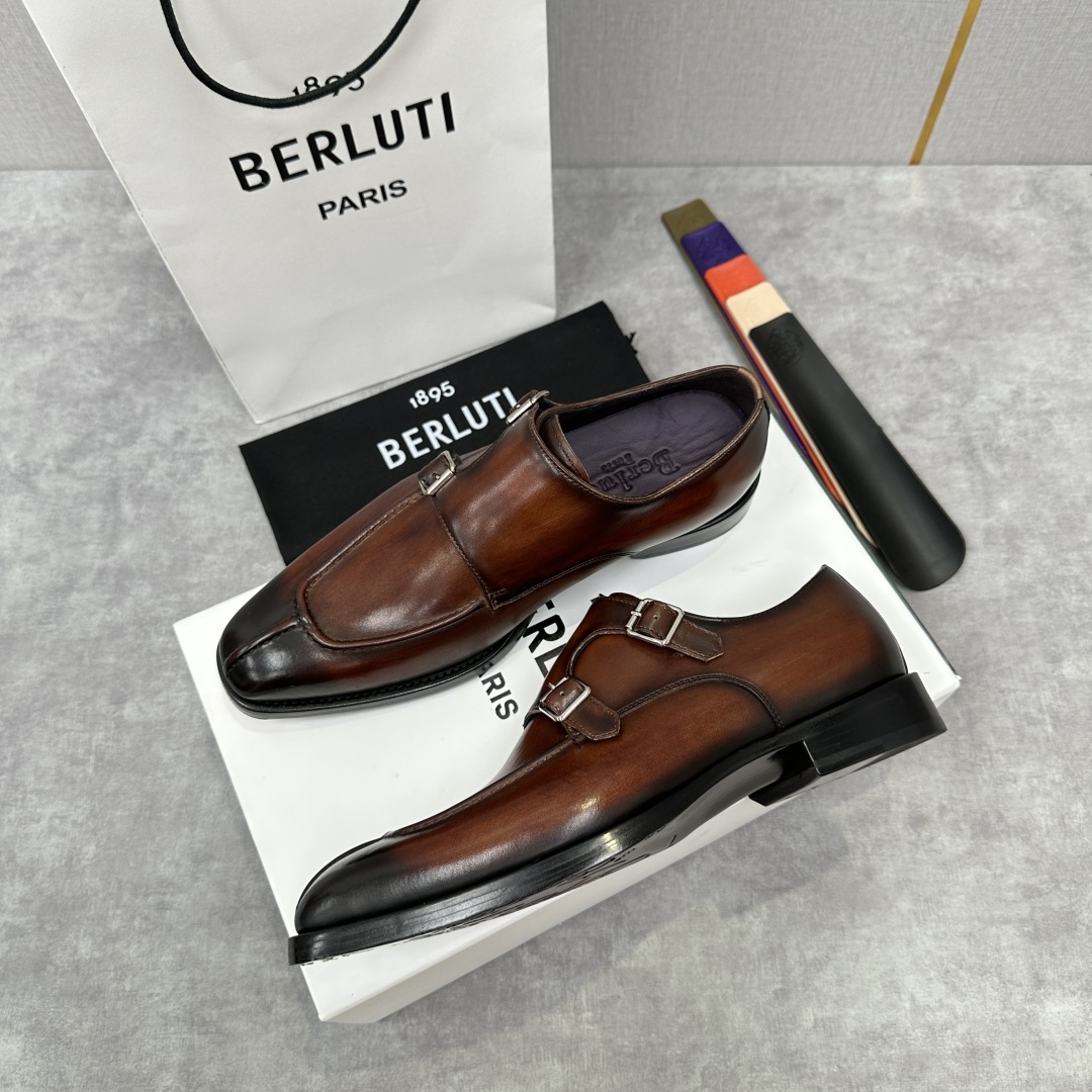 💋💍Berlut* 布鲁提 新款男士双扣一脚蹬手工擦色正装皮鞋出货 甄选优质进口小牛皮鞋面 手工