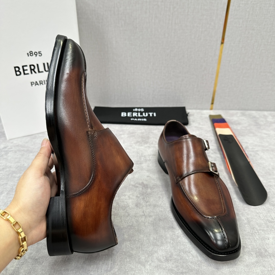 💋💍Berlut* 布鲁提 新款男士双扣一脚蹬手工擦色正装皮鞋出货 甄选优质进口小牛皮鞋面 手工