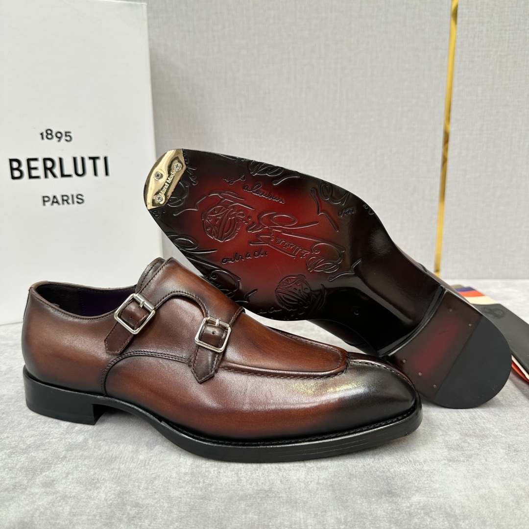 💋💍Berlut* 布鲁提 新款男士双扣一脚蹬手工擦色正装皮鞋出货 甄选优质进口小牛皮鞋面 手工