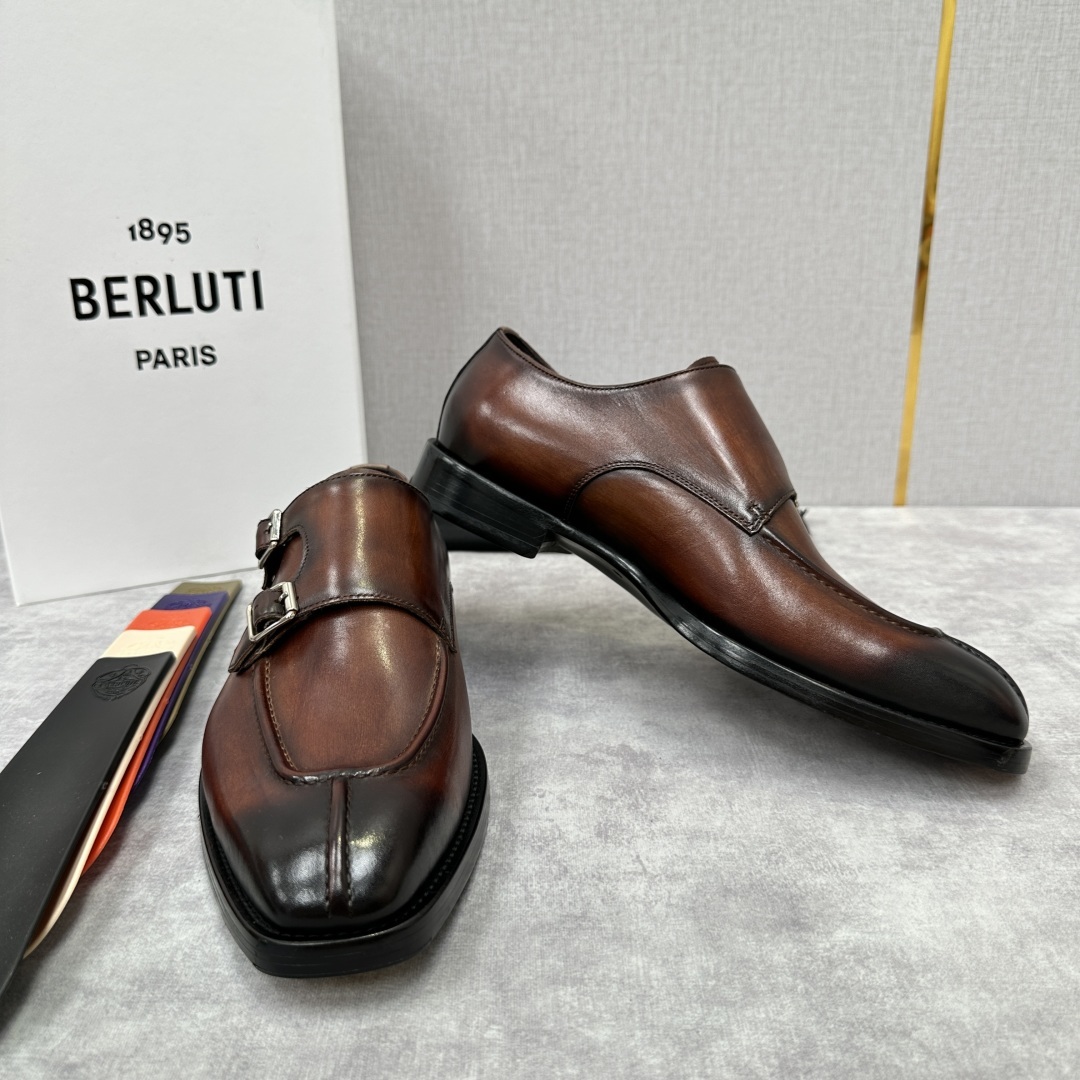 💋💍Berlut* 布鲁提 新款男士双扣一脚蹬手工擦色正装皮鞋出货 甄选优质进口小牛皮鞋面 手工