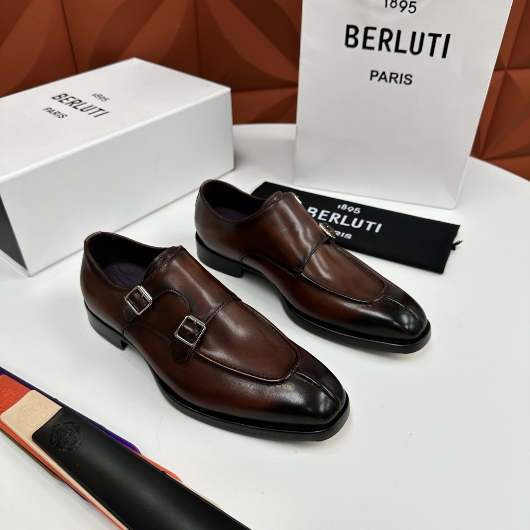 💋💍Berlut* 布鲁提 新款男士双扣一脚蹬手工擦色正装皮鞋出货 甄选优质进口小牛皮鞋面 手工