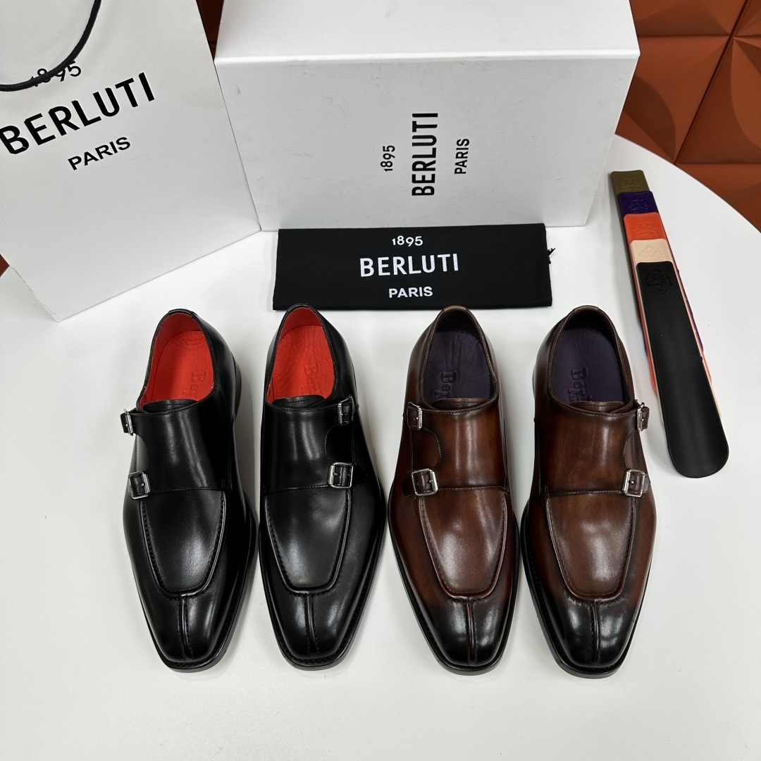💋💍Berlut* 布鲁提 新款男士双扣一脚蹬手工擦色正装皮鞋出货 甄选优质进口小牛皮鞋面 手工