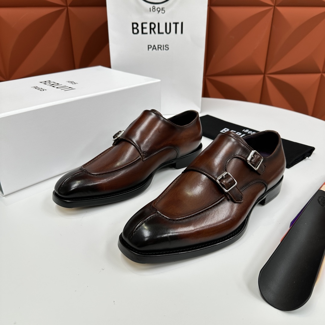 💋💍Berlut* 布鲁提 新款男士双扣一脚蹬手工擦色正装皮鞋出货 甄选优质进口小牛皮鞋面 手工