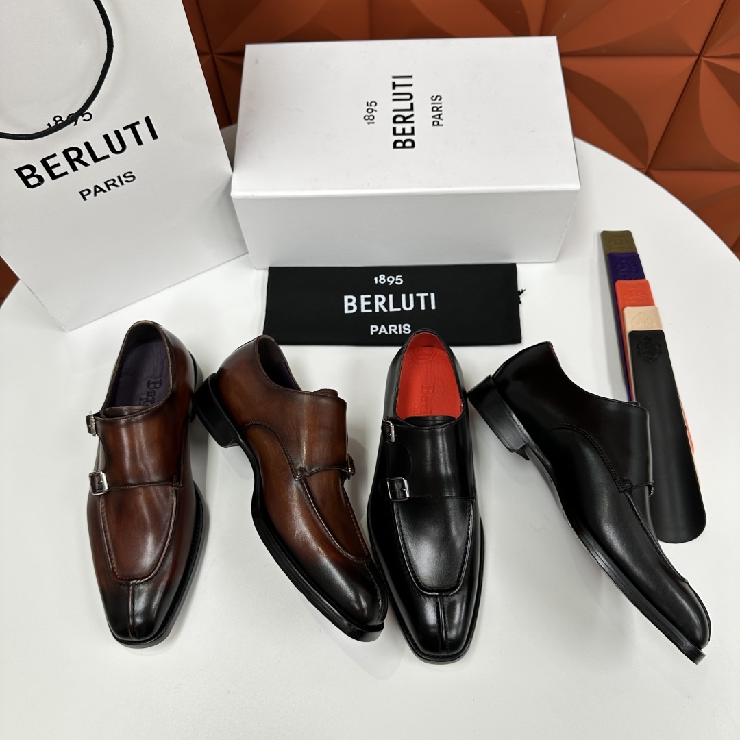 💋💍Berlut* 布鲁提 新款男士双扣一脚蹬手工擦色正装皮鞋出货 甄选优质进口小牛皮鞋面 手工