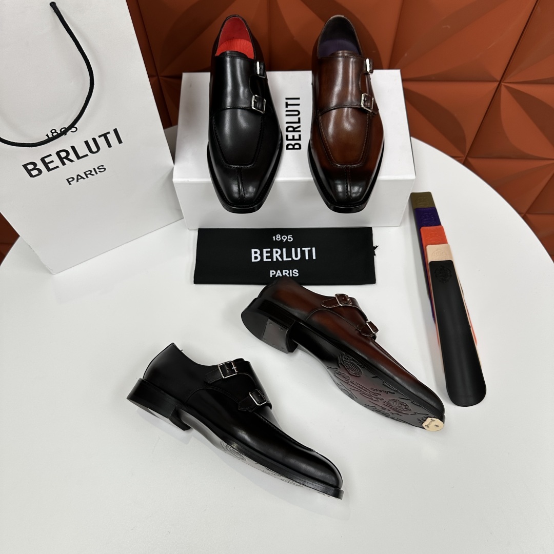 💋💍Berlut* 布鲁提 新款男士双扣一脚蹬手工擦色正装皮鞋出货 甄选优质进口小牛皮鞋面 手工