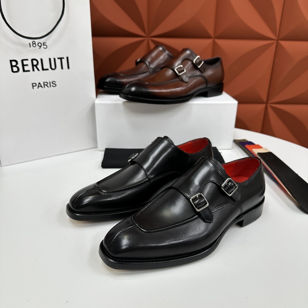 💋💍Berlut* 布鲁提 新款男士双扣一脚蹬手工擦色正装皮鞋出货 甄选优质进口小牛皮鞋面 手工