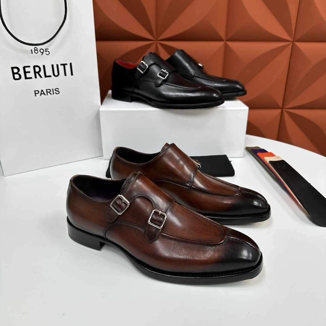 💋💍Berlut* 布鲁提 新款男士双扣一脚蹬手工擦色正装皮鞋出货 甄选优质进口小牛皮鞋面 手工