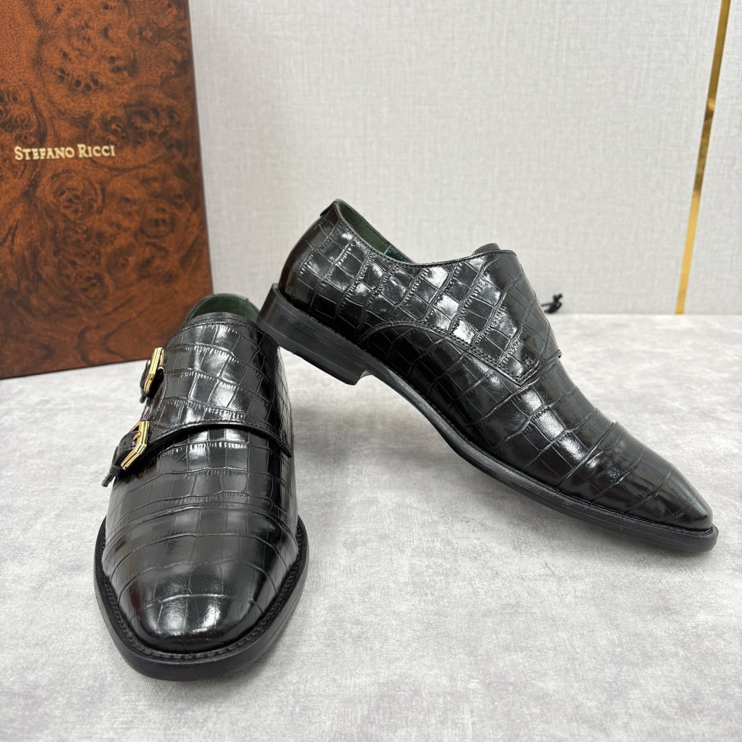 💋💍SR 家新品 Stefano-Ricci史蒂*芬 男士正装鞋🤵皮鞋 双搭扣孟克鞋 采用鳄鱼纹🐊压纹牛