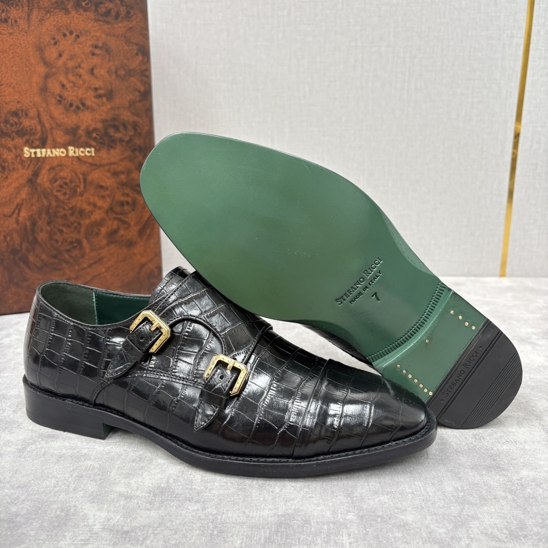 💋💍SR 家新品 Stefano-Ricci史蒂*芬 男士正装鞋🤵皮鞋 双搭扣孟克鞋 采用鳄鱼纹🐊压纹牛