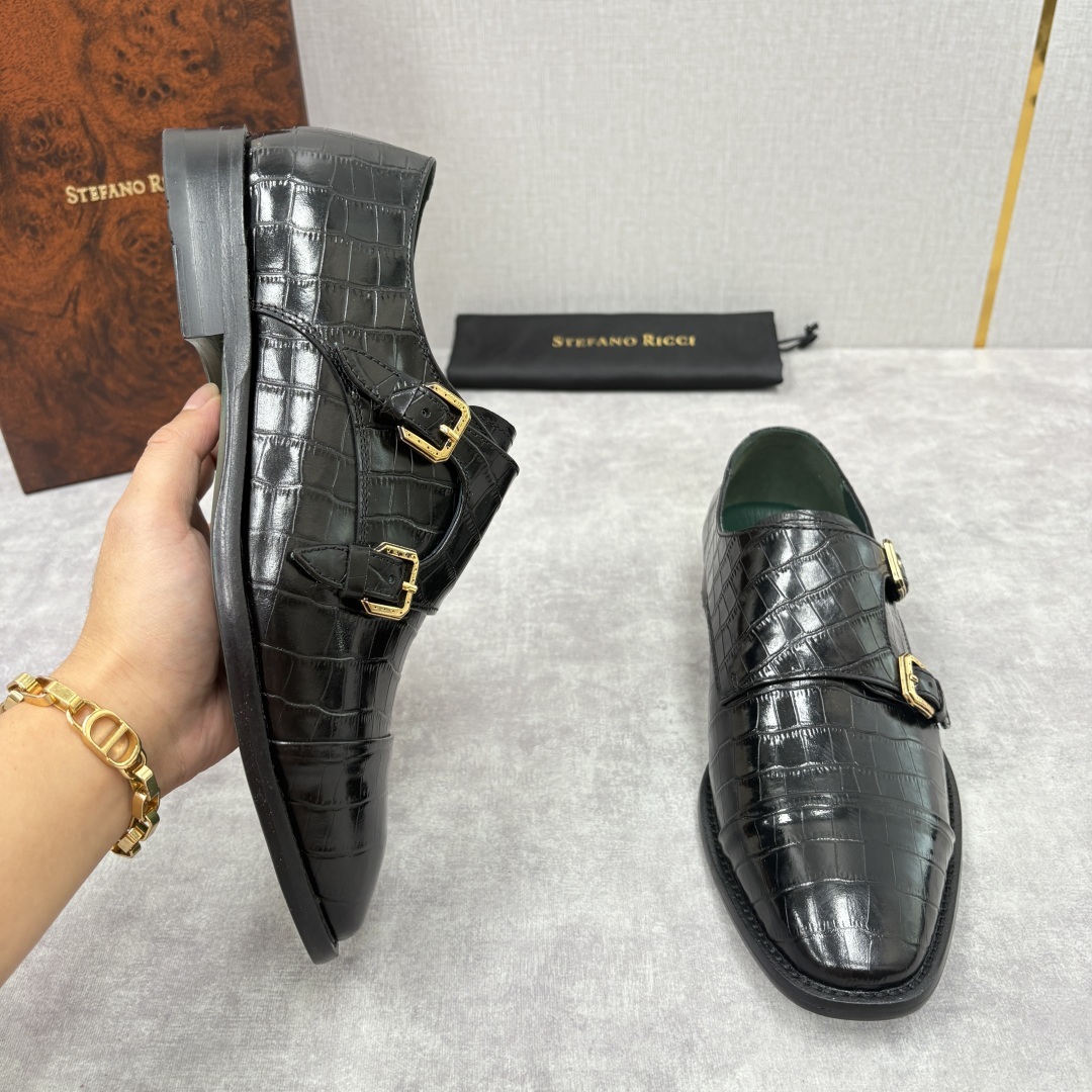 💋💍SR 家新品 Stefano-Ricci史蒂*芬 男士正装鞋🤵皮鞋 双搭扣孟克鞋 采用鳄鱼纹🐊压纹牛