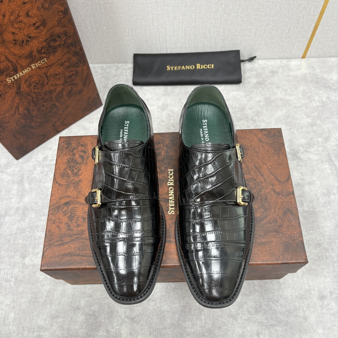 💋💍SR 家新品 Stefano-Ricci史蒂*芬 男士正装鞋🤵皮鞋 双搭扣孟克鞋 采用鳄鱼纹🐊压纹牛