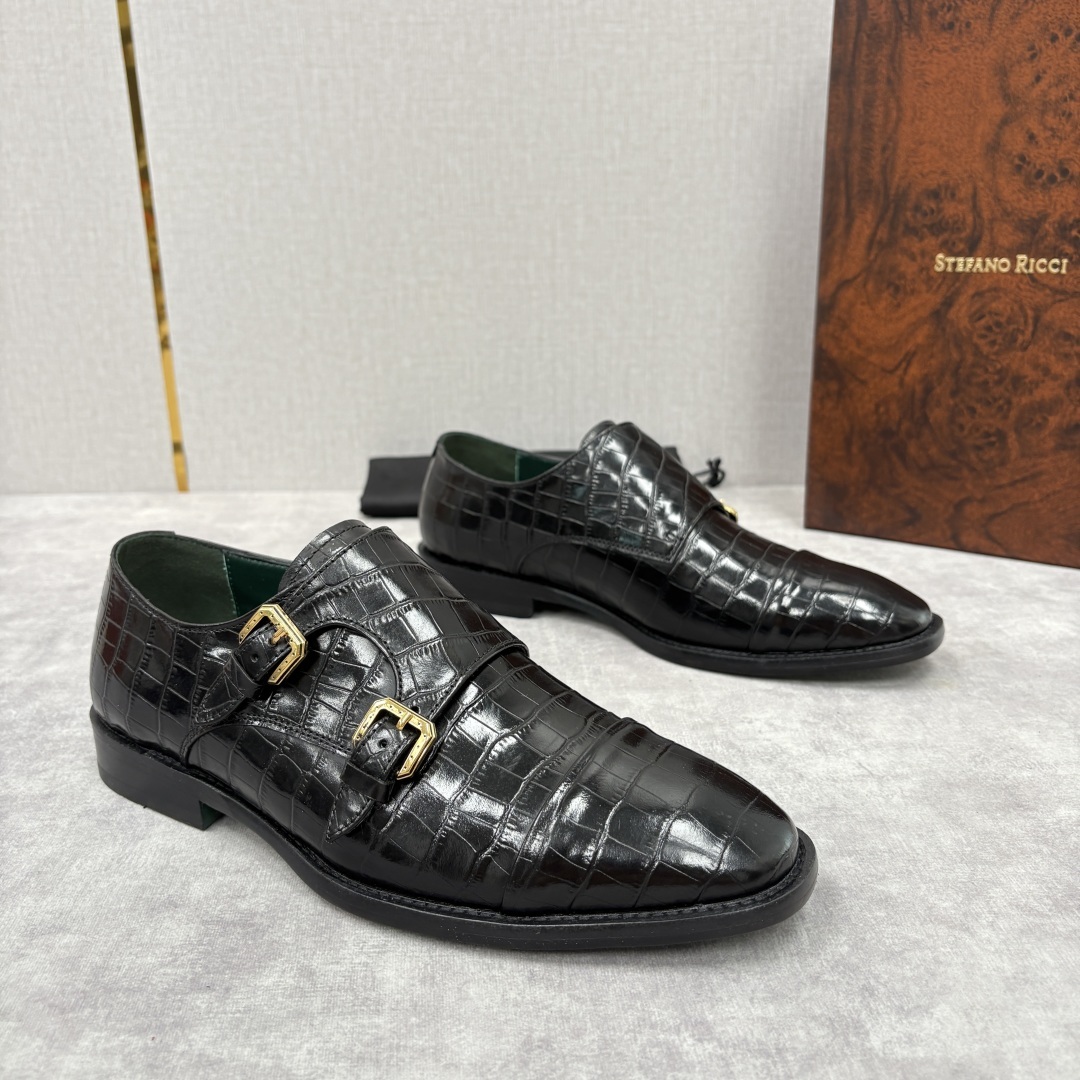 💋💍SR 家新品 Stefano-Ricci史蒂*芬 男士正装鞋🤵皮鞋 双搭扣孟克鞋 采用鳄鱼纹🐊压纹牛