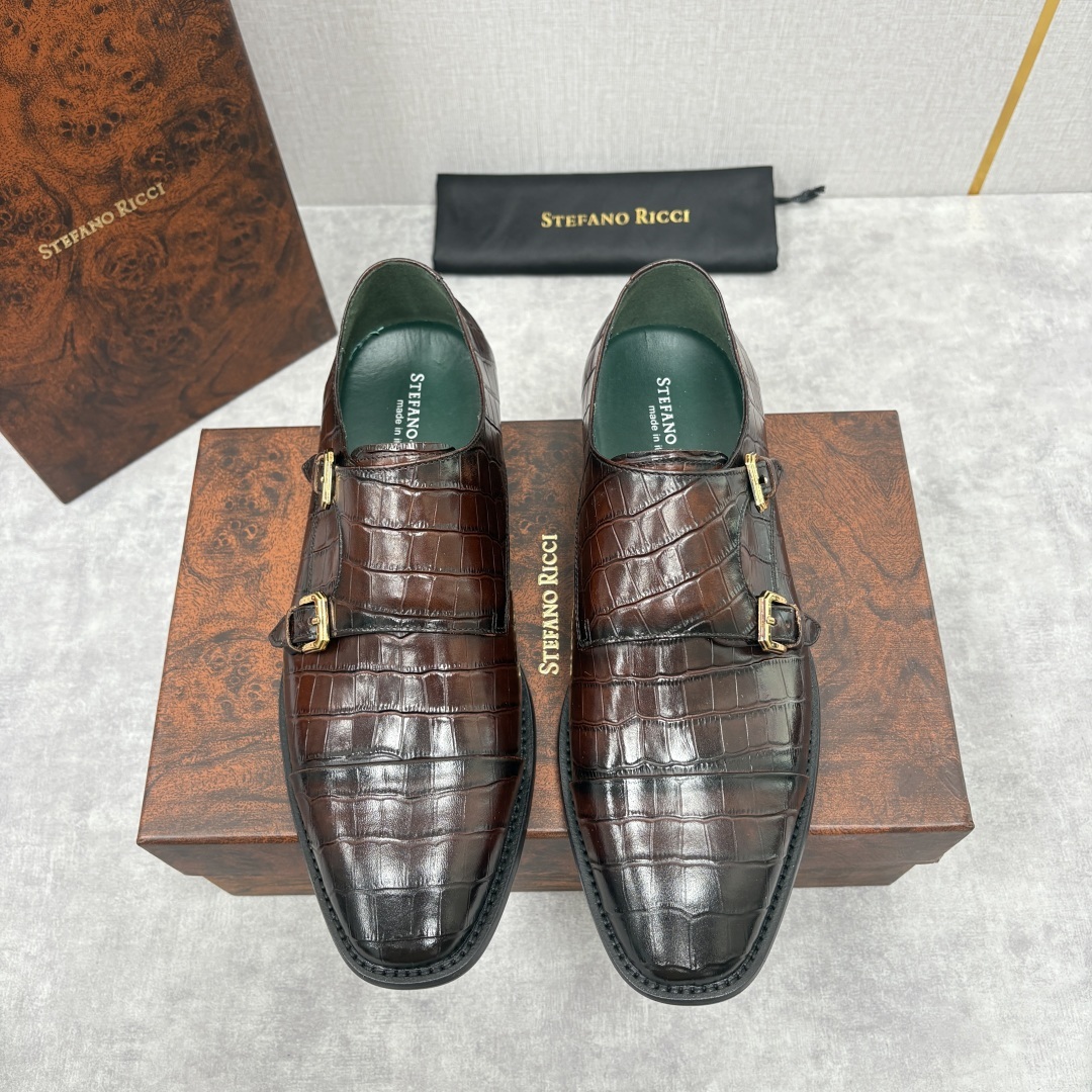 💋💍SR 家新品 Stefano-Ricci史蒂*芬 男士正装鞋🤵皮鞋 双搭扣孟克鞋 采用鳄鱼纹🐊压纹牛