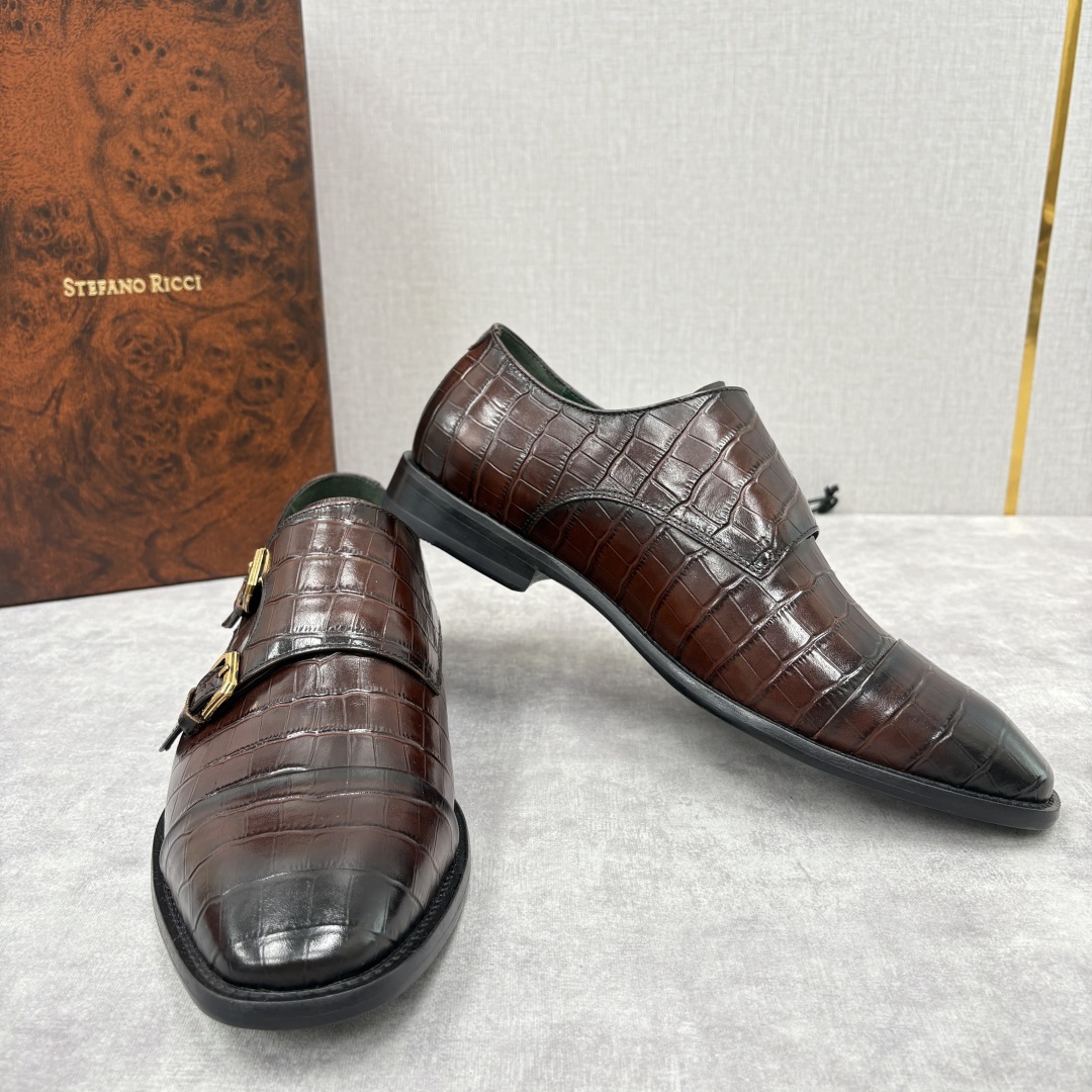 💋💍SR 家新品 Stefano-Ricci史蒂*芬 男士正装鞋🤵皮鞋 双搭扣孟克鞋 采用鳄鱼纹🐊压纹牛