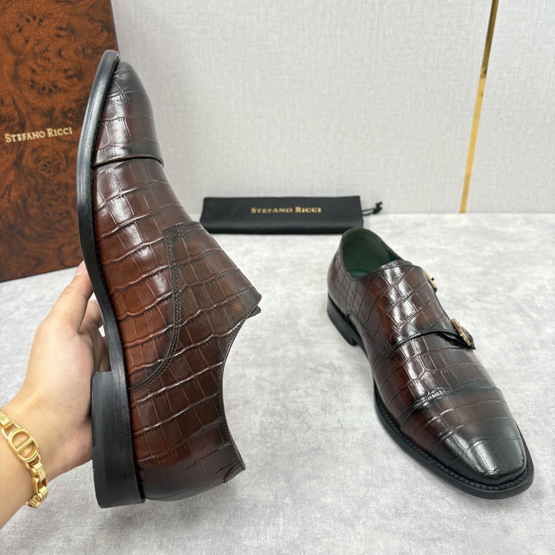 💋💍SR 家新品 Stefano-Ricci史蒂*芬 男士正装鞋🤵皮鞋 双搭扣孟克鞋 采用鳄鱼纹🐊压纹牛