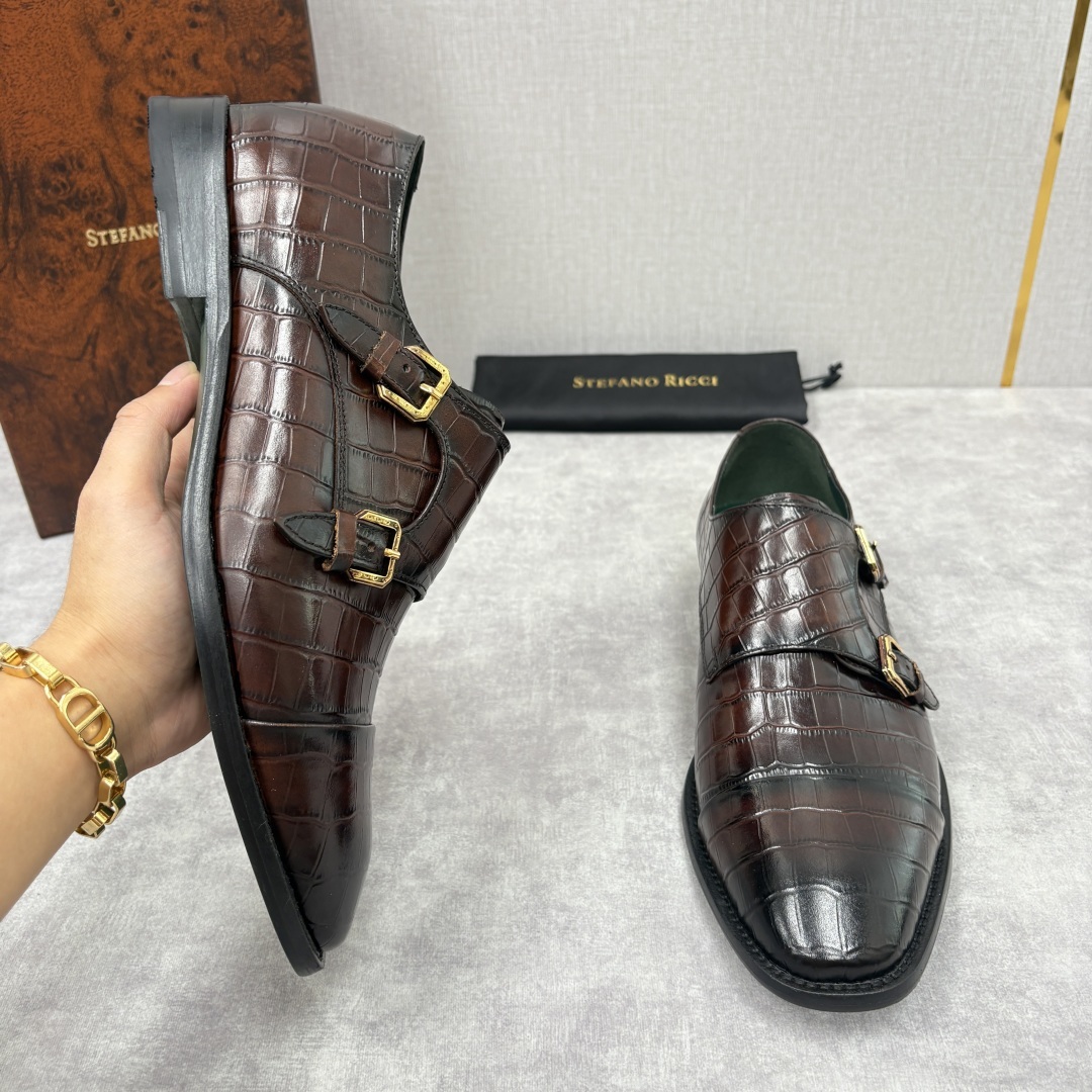 💋💍SR 家新品 Stefano-Ricci史蒂*芬 男士正装鞋🤵皮鞋 双搭扣孟克鞋 采用鳄鱼纹🐊压纹牛