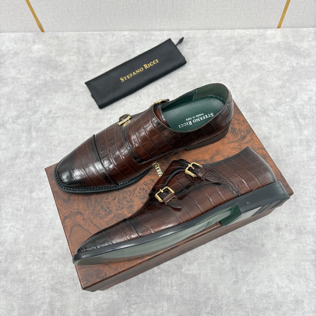💋💍SR 家新品 Stefano-Ricci史蒂*芬 男士正装鞋🤵皮鞋 双搭扣孟克鞋 采用鳄鱼纹🐊压纹牛
