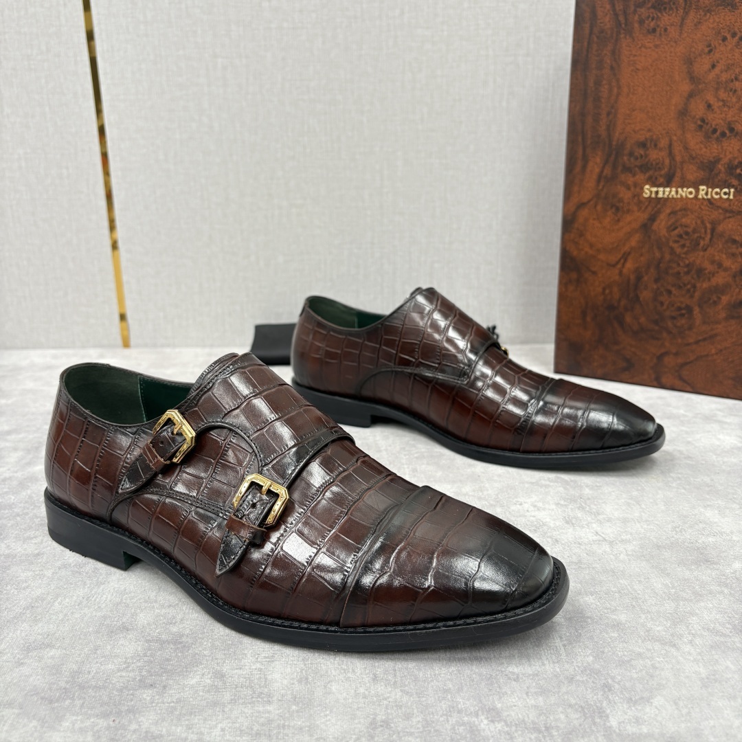 💋💍SR 家新品 Stefano-Ricci史蒂*芬 男士正装鞋🤵皮鞋 双搭扣孟克鞋 采用鳄鱼纹🐊压纹牛