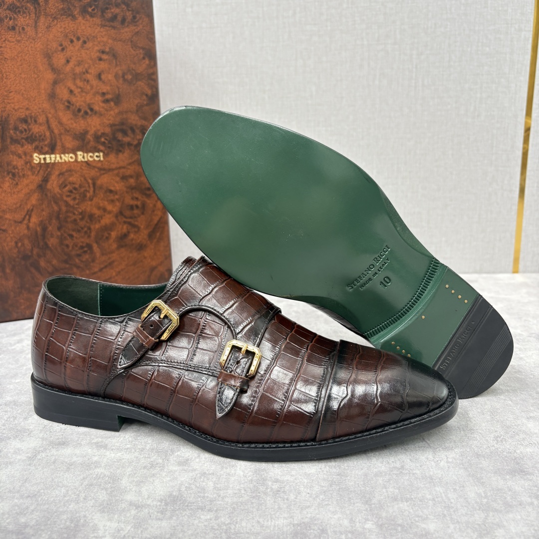 💋💍SR 家新品 Stefano-Ricci史蒂*芬 男士正装鞋🤵皮鞋 双搭扣孟克鞋 采用鳄鱼纹🐊压纹牛