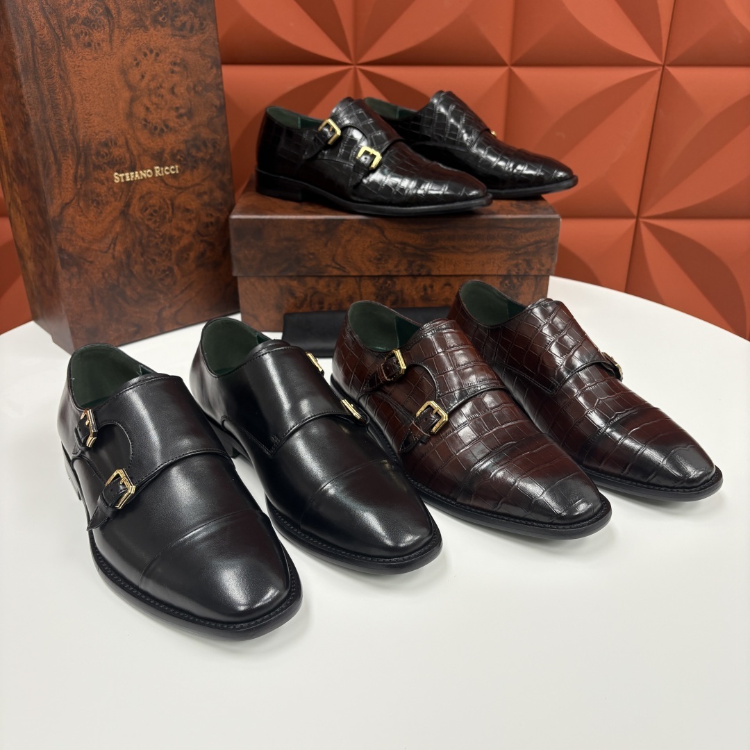 💋💍SR 家新品 Stefano-Ricci史蒂*芬 男士正装鞋🤵皮鞋 双搭扣孟克鞋 采用鳄鱼纹🐊压纹牛