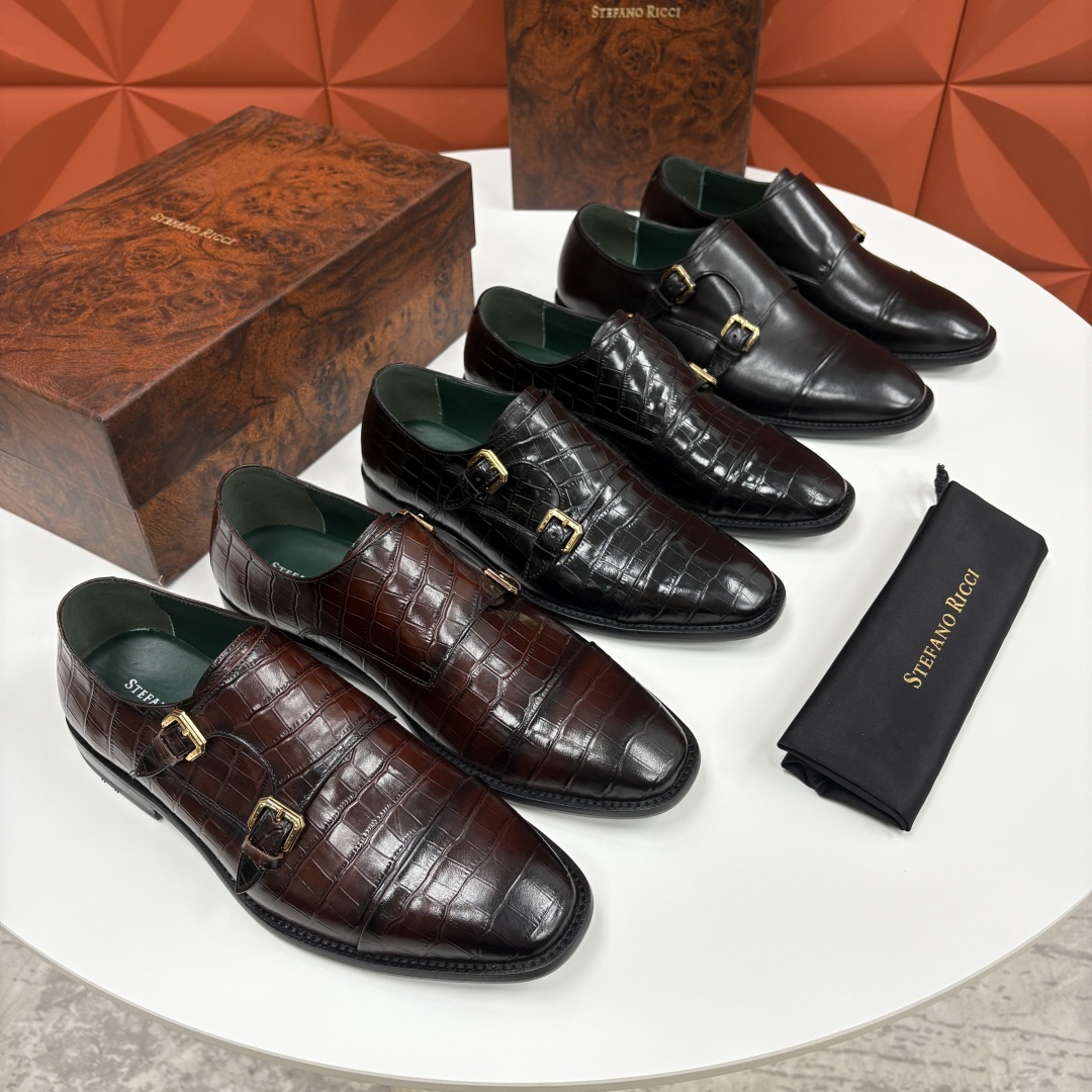 💋💍SR 家新品 Stefano-Ricci史蒂*芬 男士正装鞋🤵皮鞋 双搭扣孟克鞋 采用鳄鱼纹🐊压纹牛