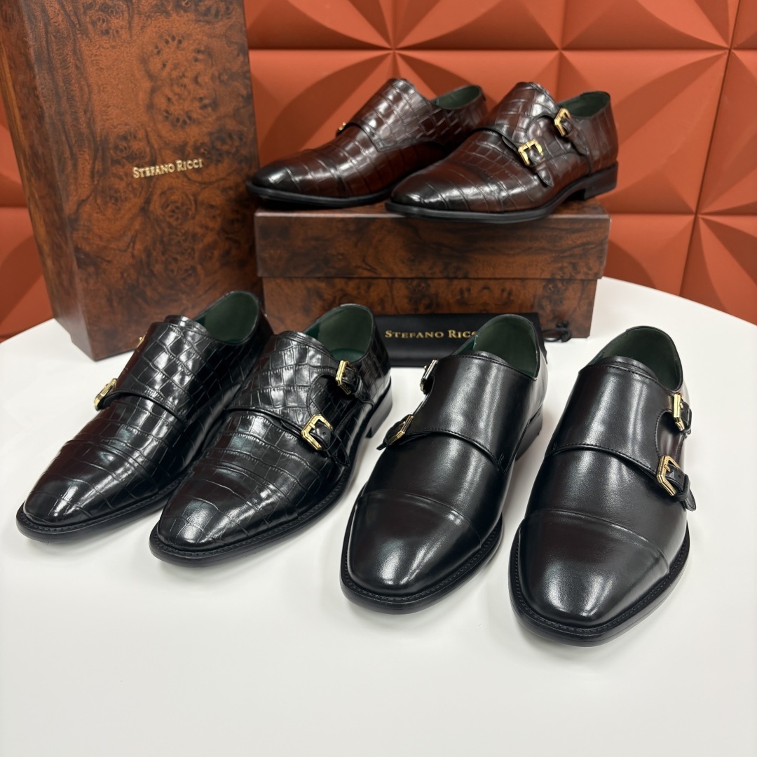 💋💍SR 家新品 Stefano-Ricci史蒂*芬 男士正装鞋🤵皮鞋 双搭扣孟克鞋 采用鳄鱼纹🐊压纹牛