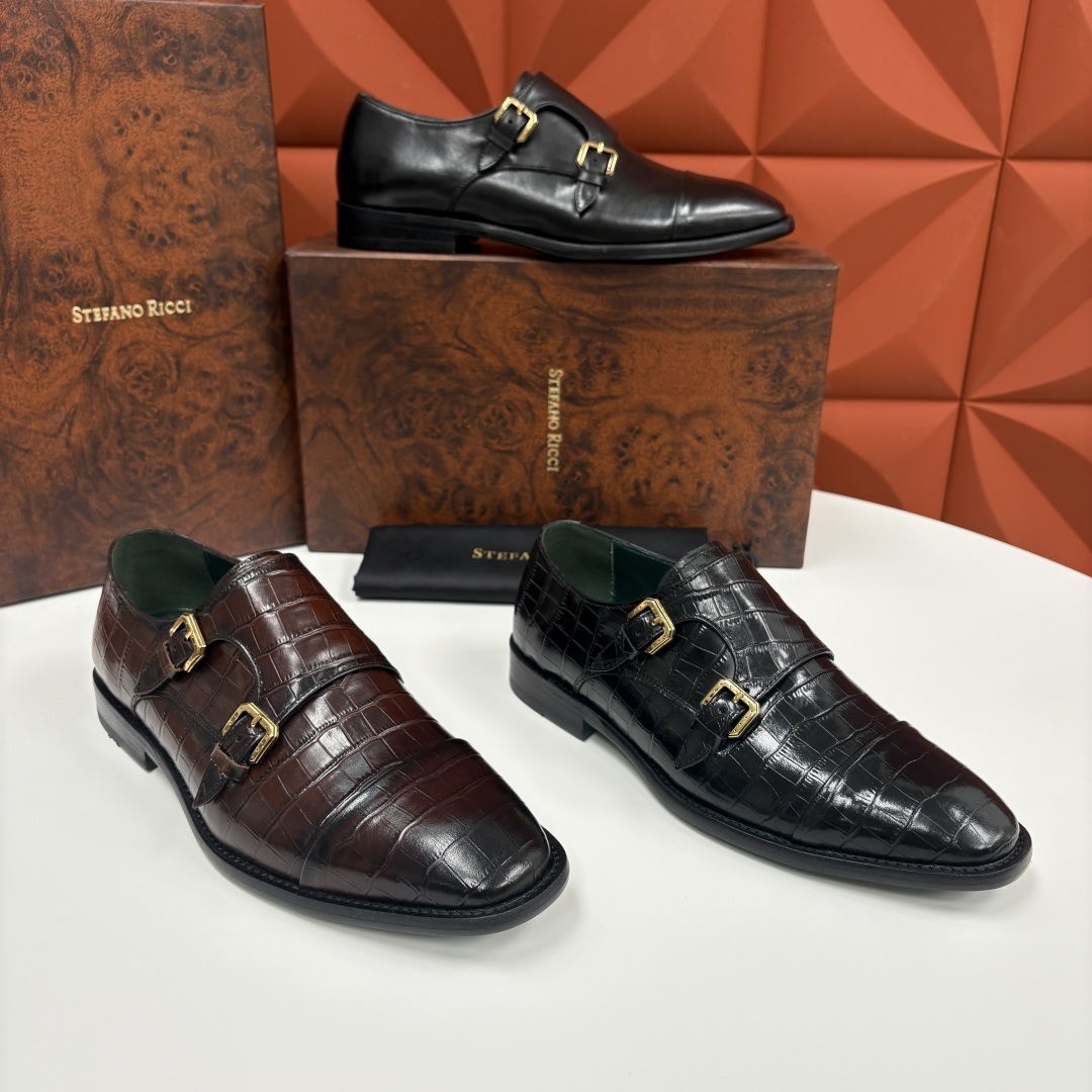 💋💍SR 家新品 Stefano-Ricci史蒂*芬 男士正装鞋🤵皮鞋 双搭扣孟克鞋 采用鳄鱼纹🐊压纹牛