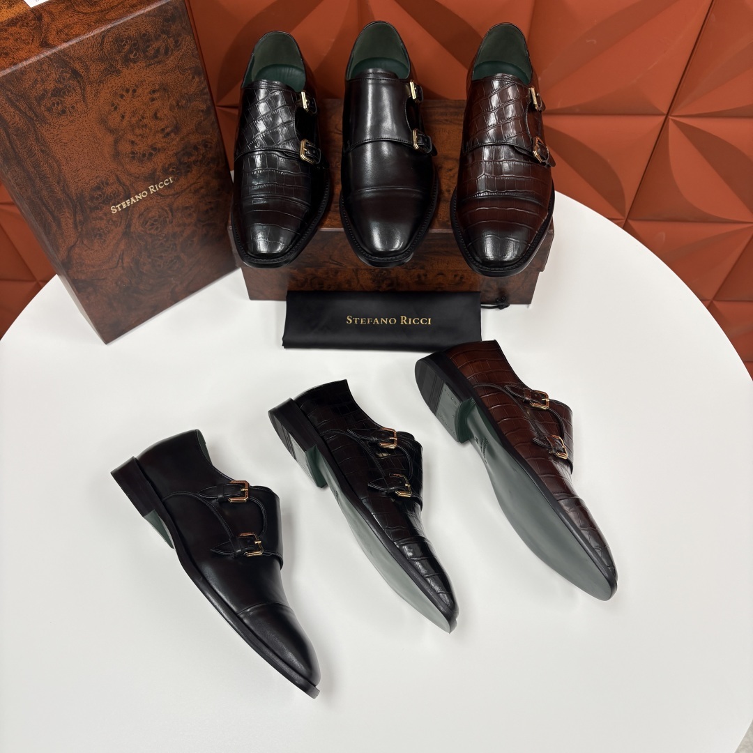 💋💍SR 家新品 Stefano-Ricci史蒂*芬 男士正装鞋🤵皮鞋 双搭扣孟克鞋 采用鳄鱼纹🐊压纹牛