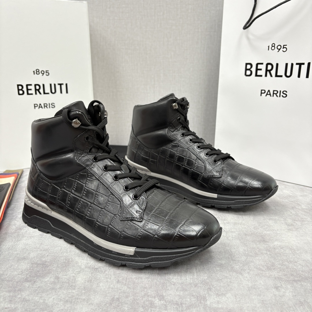 💋💍Berlut* 布鲁提 升级版第四代私模大底 Fast Track皮革高帮运动鞋 鞋面采用头层压纹皮