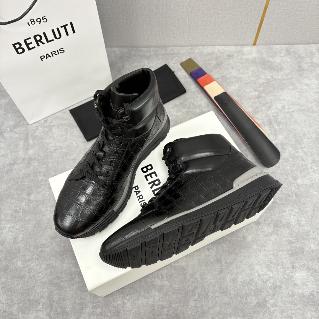 💋💍Berlut* 布鲁提 升级版第四代私模大底 Fast Track皮革高帮运动鞋 鞋面采用头层压纹皮