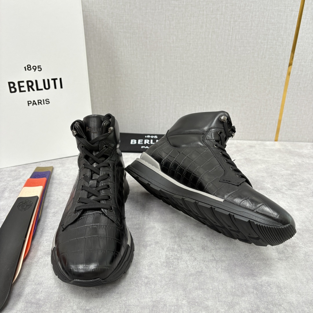 💋💍Berlut* 布鲁提 升级版第四代私模大底 Fast Track皮革高帮运动鞋 鞋面采用头层压纹皮