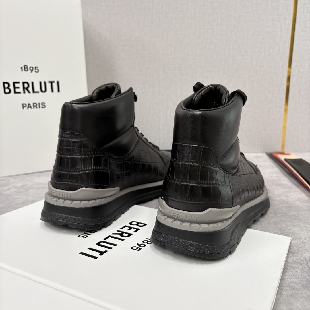 💋💍Berlut* 布鲁提 升级版第四代私模大底 Fast Track皮革高帮运动鞋 鞋面采用头层压纹皮