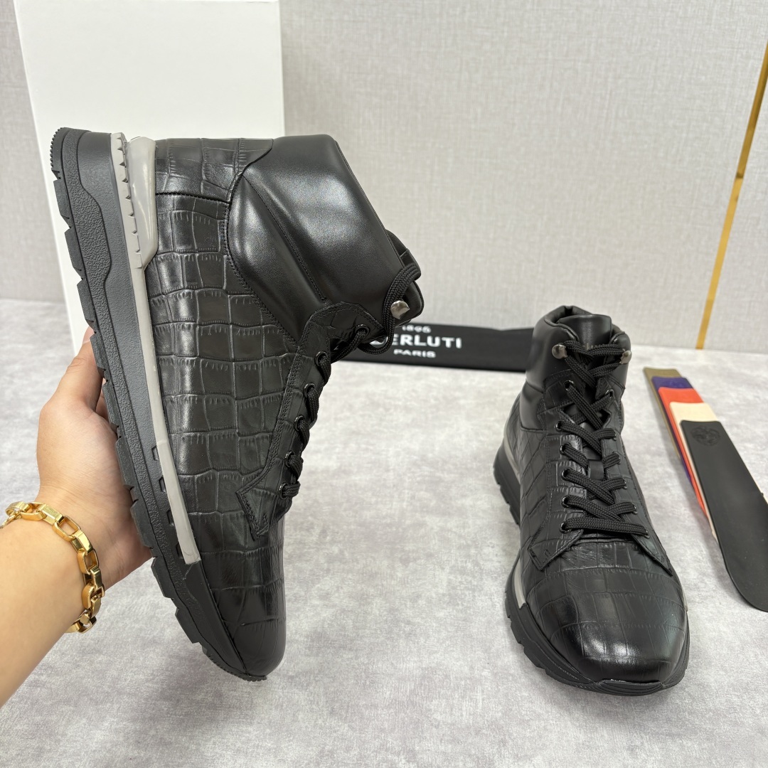 💋💍Berlut* 布鲁提 升级版第四代私模大底 Fast Track皮革高帮运动鞋 鞋面采用头层压纹皮
