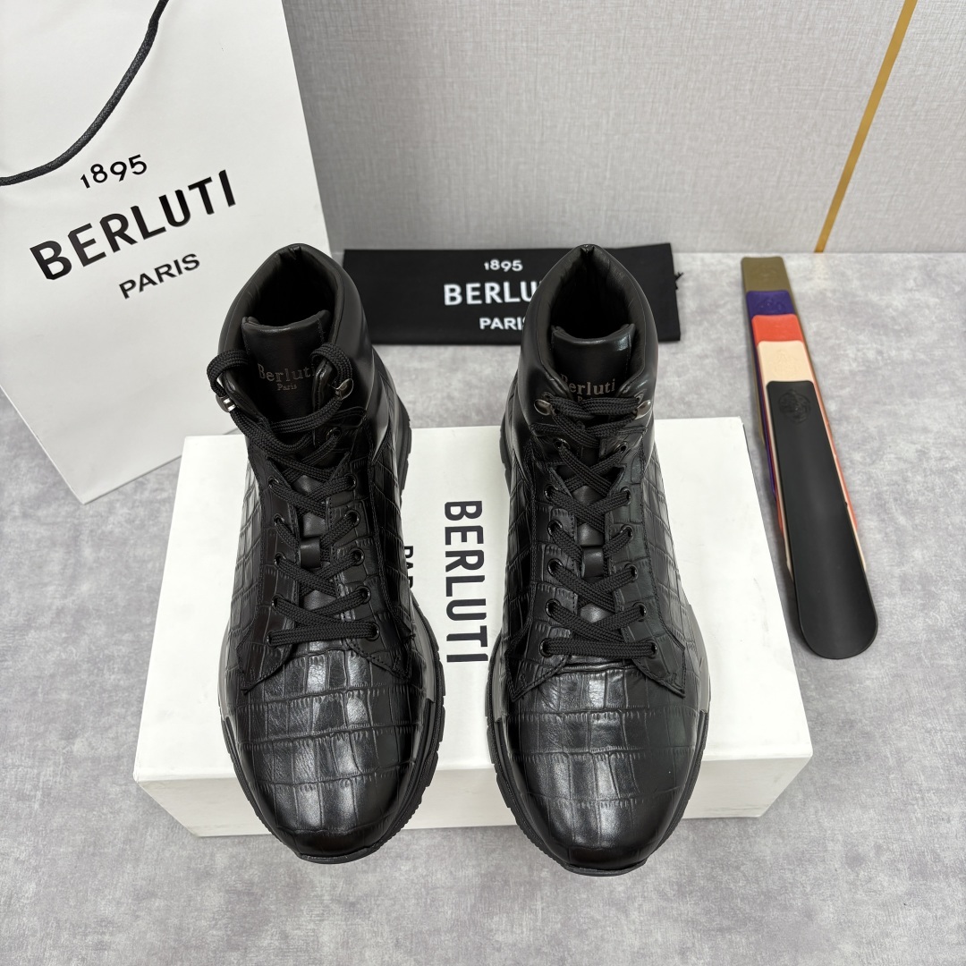 💋💍Berlut* 布鲁提 升级版第四代私模大底 Fast Track皮革高帮运动鞋 鞋面采用头层压纹皮