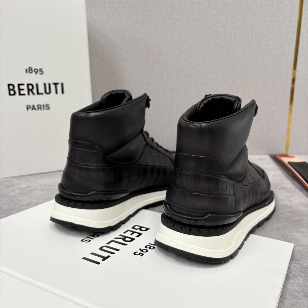 💋💍Berlut* 布鲁提 升级版第四代私模大底 Fast Track皮革高帮运动鞋 鞋面采用头层压纹皮
