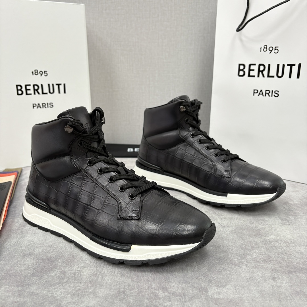 💋💍Berlut* 布鲁提 升级版第四代私模大底 Fast Track皮革高帮运动鞋 鞋面采用头层压纹皮