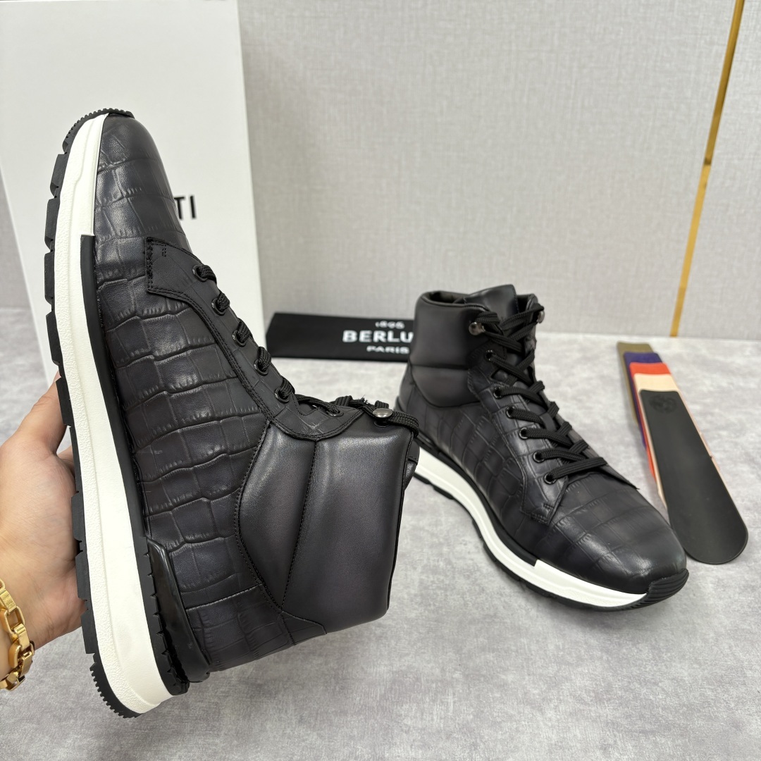💋💍Berlut* 布鲁提 升级版第四代私模大底 Fast Track皮革高帮运动鞋 鞋面采用头层压纹皮
