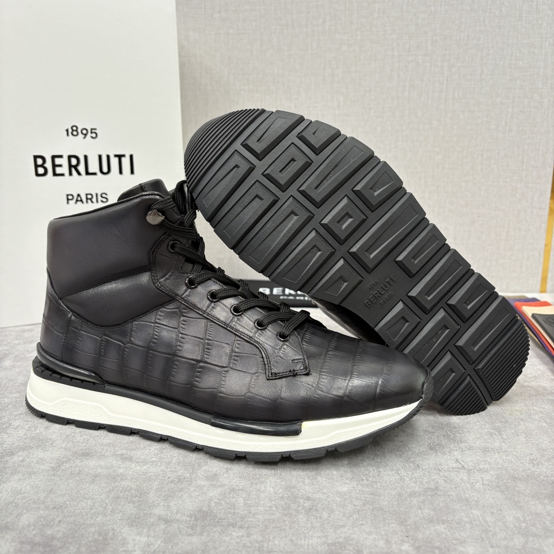 💋💍Berlut* 布鲁提 升级版第四代私模大底 Fast Track皮革高帮运动鞋 鞋面采用头层压纹皮